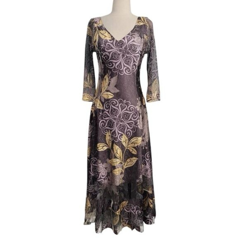 KOMAROV | Crinkle Pleated Lace Charmeuse Midi Dress, Size S